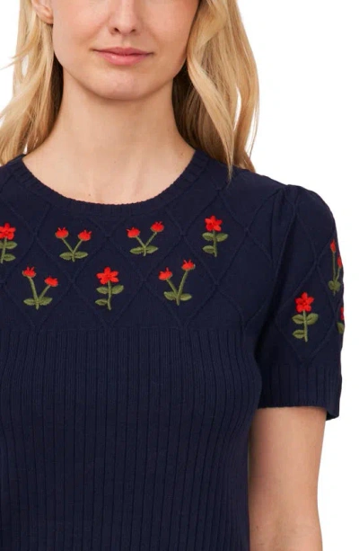 Shop Cece Embroidered Flowers Rib Sweater In Classic Navy Blue