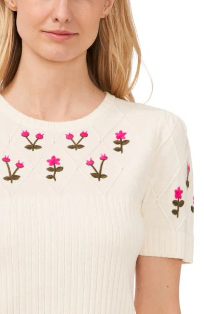 Shop Cece Embroidered Flowers Rib Sweater In New Ivory