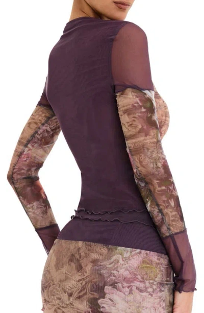 Mistress Rocks Mixed Media Floral Mesh Top In Dusty Prune