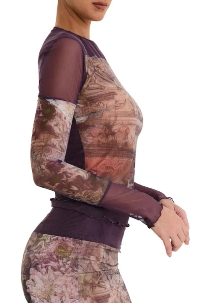Mistress Rocks Mixed Media Floral Mesh Top In Dusty Prune