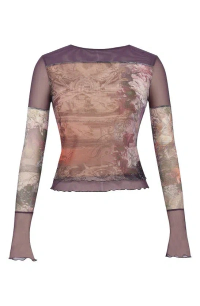 Mistress Rocks Mixed Media Floral Mesh Top In Dusty Prune