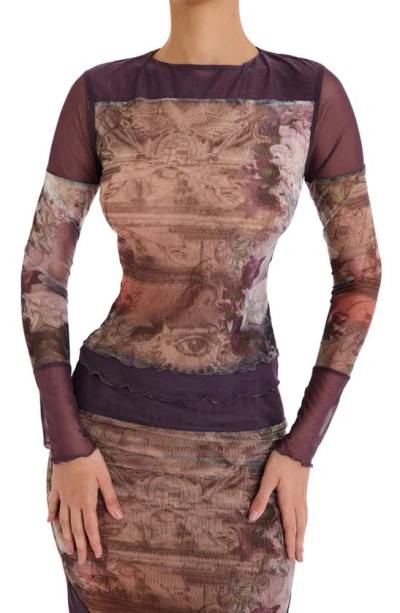 Mistress Rocks Mixed Media Floral Mesh Top In Dusty Prune