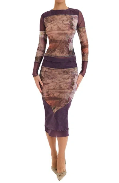 Mistress Rocks Mixed Media Floral Mesh Top In Dusty Prune