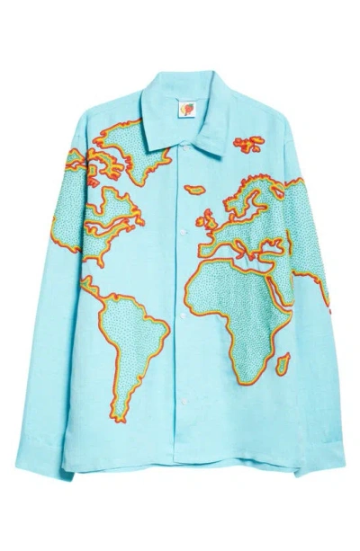 Shop Sky High Farm Workwear Gender Inclusive Beaded World Map Linen Blend Button-up Shirt In Blue