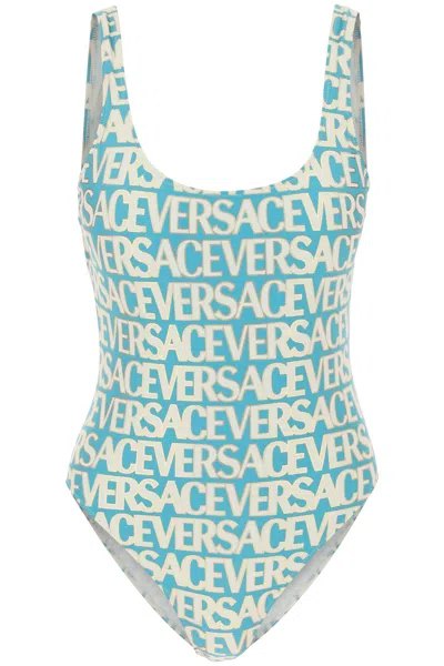 Shop Versace Allover One Piece Swimwear In Light Blue