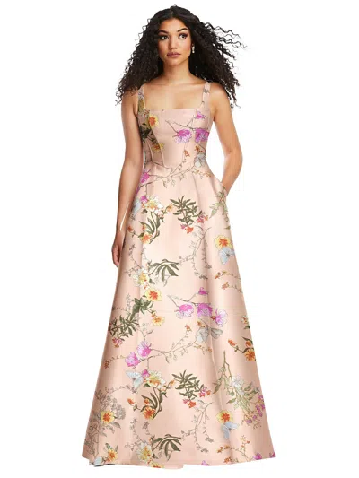 Shop Alfred Sung Boned Corset Closed-back Floral Satin Gown With Full Skirt In Butterfly Botanica Pink Sand