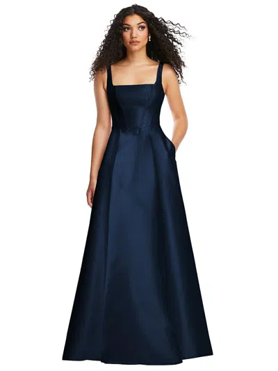 Shop Alfred Sung Boned Corset Closed-back Satin Gown With Full Skirt And Pockets In Midnight Navy