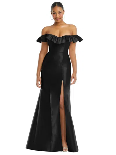 Shop Alfred Sung Off-the-shoulder Ruffle Neck Satin Trumpet Gown In Champagne