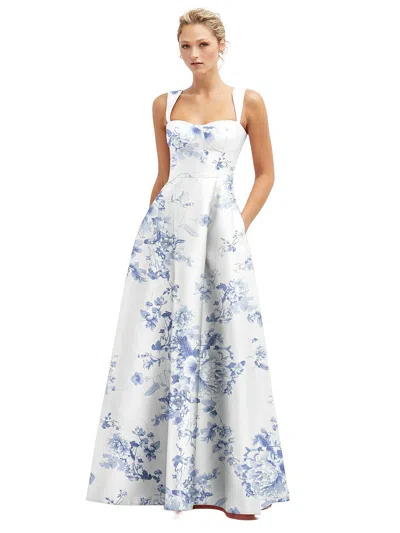 Shop Alfred Sung Floral Lace-up Back Bustier Satin Dress With Full Skirt And Pockets In Cottage Rose Larkspur
