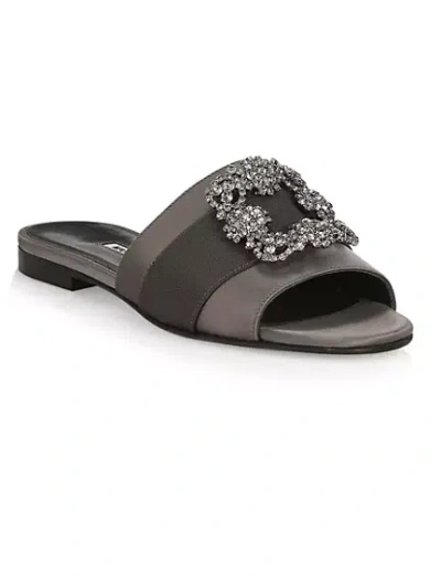 Shop Manolo Blahnik Women Gray Martamod Crystal Embellished Satin Flat Mules Sandals