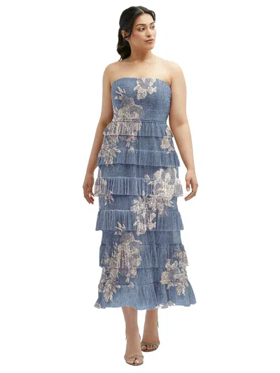 Shop After Six Ruffle Tiered Skirt Metallic Pleated Strapless Midi Dress With Floral Gold Foil Print In French Blue Gold Foil