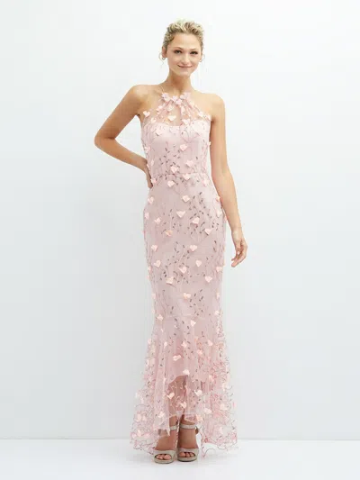 Shop Dessy Collection Sheer Halter Neck 3d Floral Embroidered Dress With High-low Hem In Rose - Pantone Rose Quartz