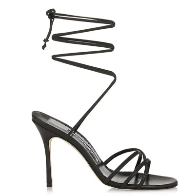 Shop Manolo Blahnik Women's Leva 105mm Leather Lace-up Sandals Black Shoes
