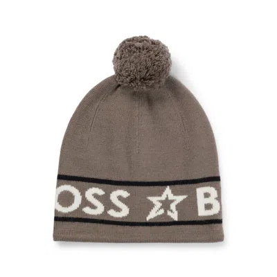 Shop Hugo Boss X Perfect Moment Wool Beanie Hat With Logo Intarsia In Beige
