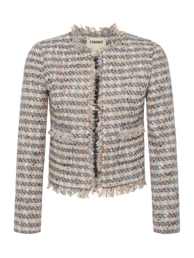 Shop L Agence Angelina Tweed Jacket In Grey/ecru/gold