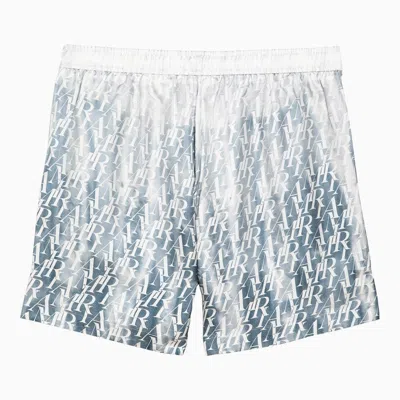Shop Amiri Light Blue Silk Bermuda Shorts With Logo Print Men