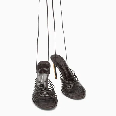 Shop Ferragamo Brown Sandal With Strings And Golden Heel Women