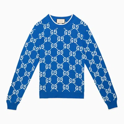 Shop Gucci Cobalt Blue/ivory Jersey With Gg Inlay Men