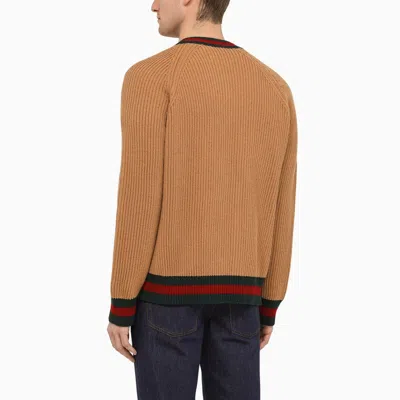 Shop Gucci Camel-coloured Wool Cardigan With Web Ribbon Men In Brown