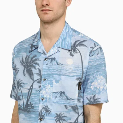Shop Palm Angels Bowling Shirt With Sunset Print In Cotton Men In Blue