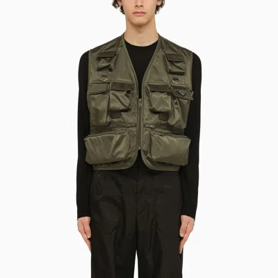 Shop Prada Military Green Re-nylon Multi-pocket Waistcoat Men