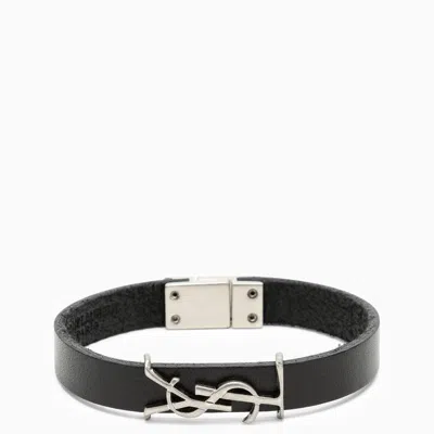 Shop Saint Laurent Black Leather Bracelet With Logo Men