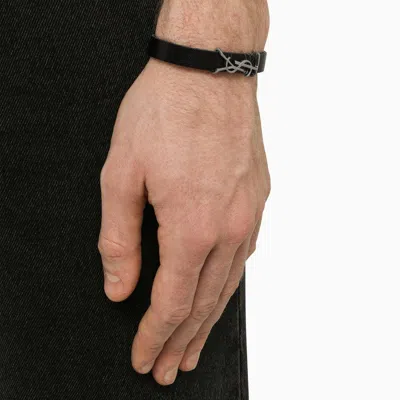 Shop Saint Laurent Black Leather Bracelet With Logo Men