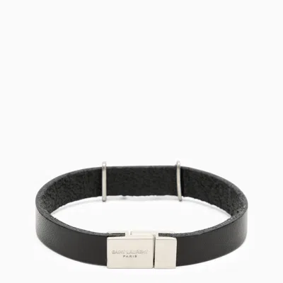 Shop Saint Laurent Black Leather Bracelet With Logo Men