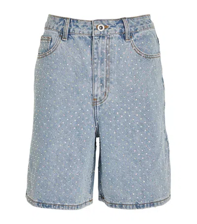 Shop Self-portrait Rhinestone-embellished Denim Shorts In Blue