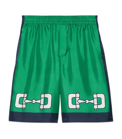Shop Gucci Silk Horsebit Print Shorts In Green