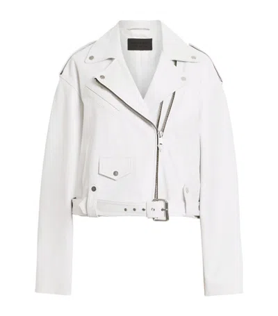 Shop Allsaints Leather Cropped Dayle Biker Jacket In White