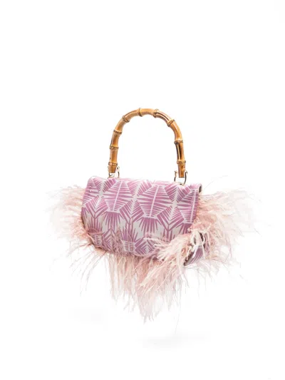 Shop La Milanesa Polignano Velvet And Feathers Handbag In Beige