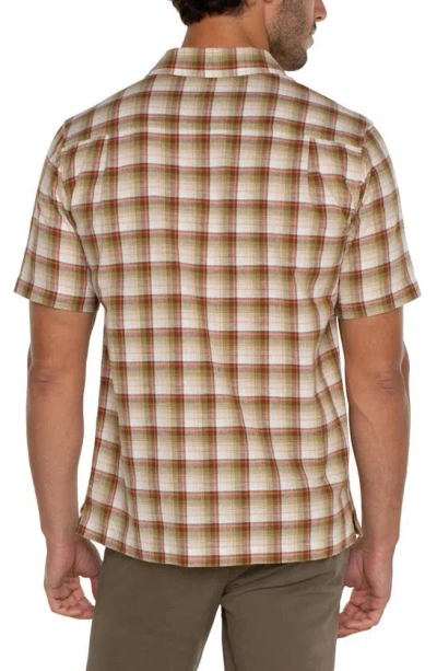 Shop Liverpool Los Angeles Plaid Short Sleeve Cotton & Linen Button-up Shirt In Tan Green Multi