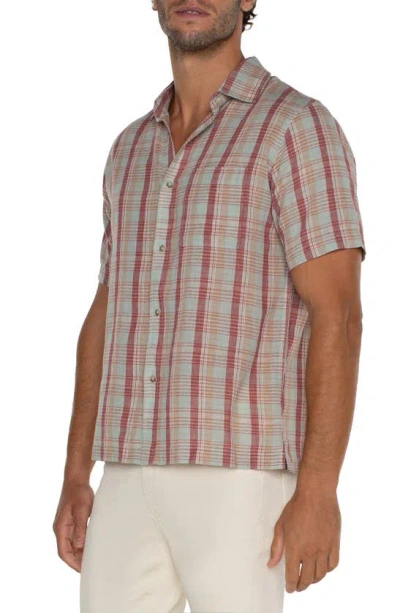Shop Liverpool Los Angeles Plaid Short Sleeve Linen & Cotton Button-up Shirt In Aqua Red Multi