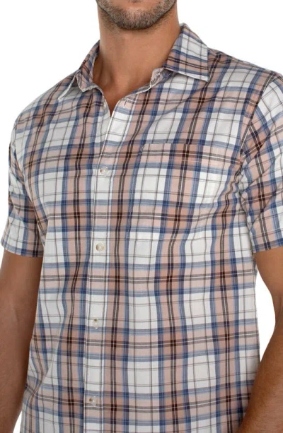 Liverpool Los Angeles Printed Short Sleeve Button Front Shirt In White Peach Multi