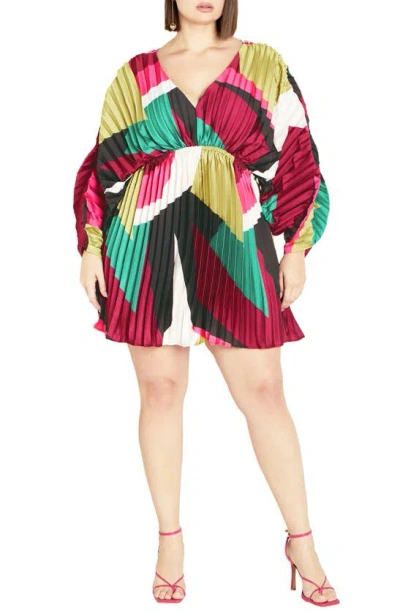 Shop City Chic Chloe Print Pleated Long Sleeve Satin Minidress In Standout Geo