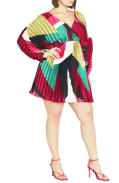 Shop City Chic Chloe Print Pleated Long Sleeve Satin Minidress In Standout Geo
