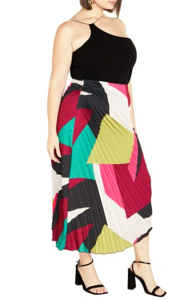 Shop City Chic Amaya Print Pleated Satin Maxi Skirt In Standout Geo