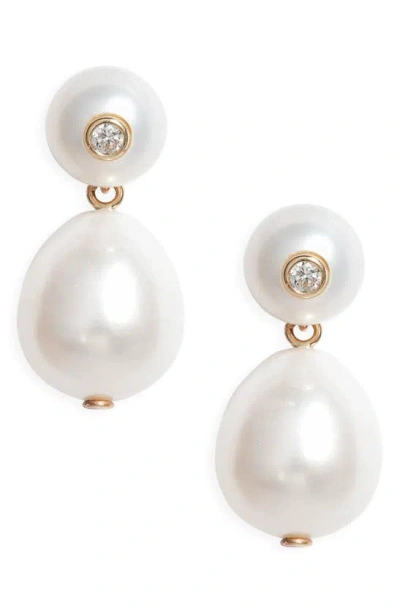 Shop Poppy Finch Cultured Pearl & Diamond Drop Earrings In Pearl/ 14k Yellow Gold