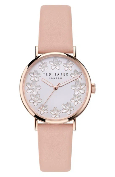 Shop Ted Baker Floral Leather Strap Watch In Pink
