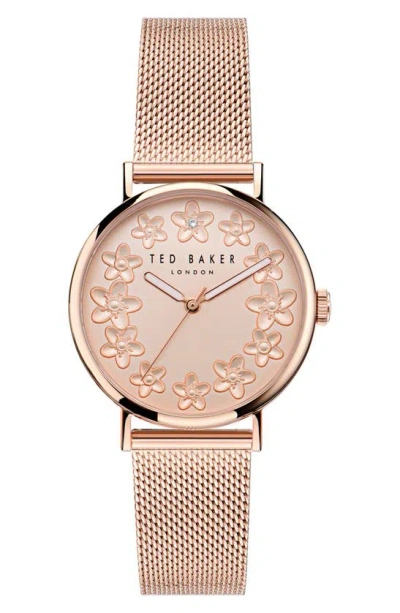 Shop Ted Baker Floral Leather Strap Watch In Rose Goldone