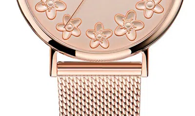 Ted Baker Floral Leather Strap Watch In Rose Goldone