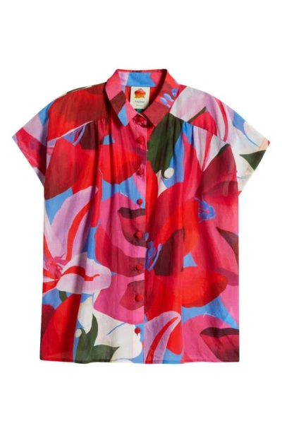 Shop Farm Rio Watercolor Floral Cotton Cover-up Button-up Shirt In Watercolor Floral Blue