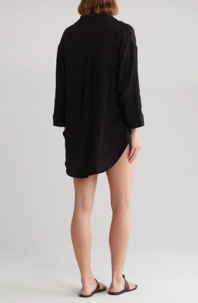 Boho Me Three Quarter Sleeve Cotton Gauze Button-up Shirt In Black