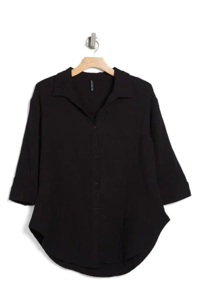 Shop Boho Me Three Quarter Sleeve Cotton Gauze Button-up Shirt In Black