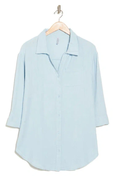 Shop Boho Me Three Quarter Sleeve Cotton Gauze Button-up Shirt In Blue