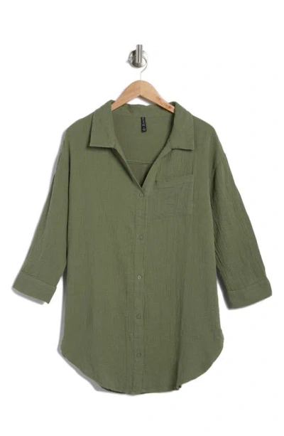 Shop Boho Me Three Quarter Sleeve Cotton Gauze Button-up Shirt In Olive