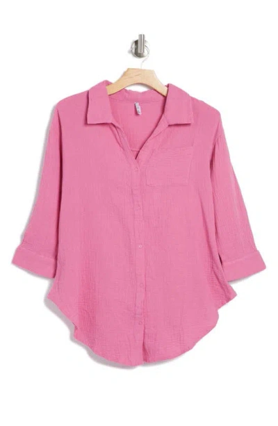 Shop Boho Me Three Quarter Sleeve Cotton Gauze Button-up Shirt In Pink