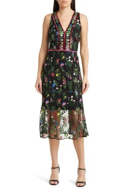 Sam Edelman Botanical Embroidered Semisheer Sleeveless Dress In Black Multi
