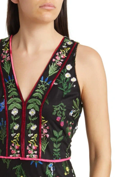 Shop Sam Edelman Botanical Embroidered Semisheer Sleeveless Dress In Black Multi